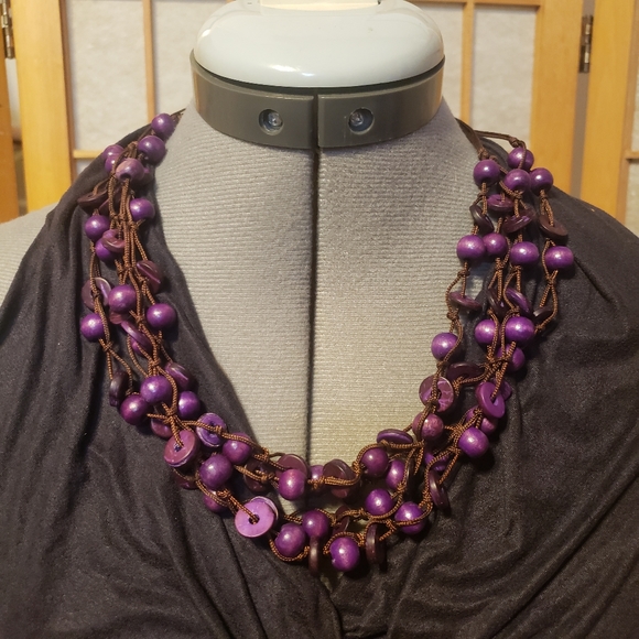 Jewelry - Wooden , Hand-knotted Purple Bead Necklace